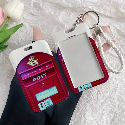 ID Badge Holder with Mailbox Design - Red Postal Pattern & POST Labels, Lanyard, Transparent Window - Compatible with Credit Cards, Badges, Student IDs - for Nurses, , Students, Public Transit - Durable Plastic ID Card Case, Professional Identification, Theme, Reinforced Construction, Corporate Employees