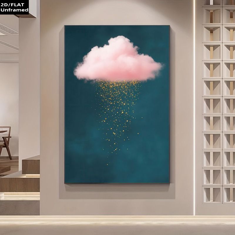 TEMU 2d Flat, 1pc Frameless Pink Clouds And Rain Vertical Wall Art - Modern Canvas Poster Suitable For /, Valentine's Day, Winter/spring Decor -