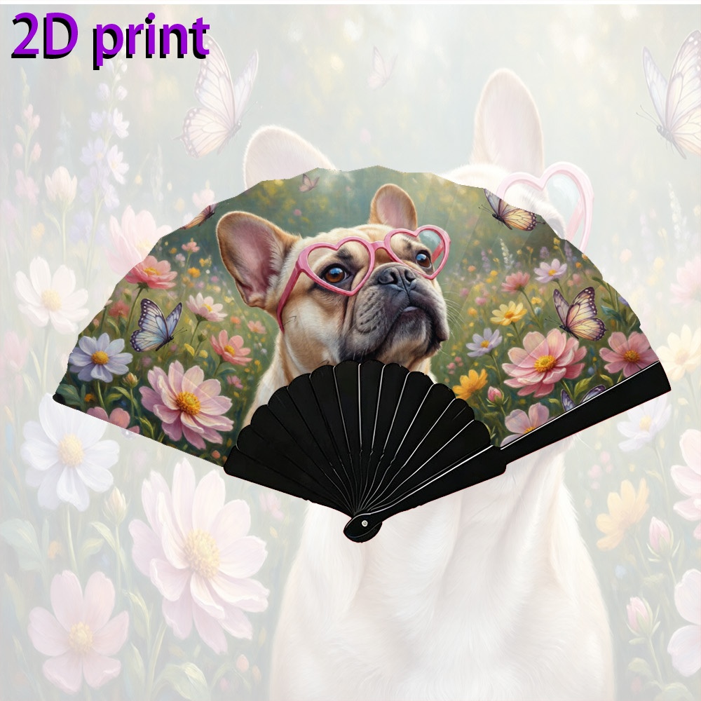 TEMU 2d Flat - 1pc Unisex Fashionable 2d Folding Fan In Oil Painting Style, French Bulldog With Heart-shaped Glasses, Portable Handheld Foldable Fan,