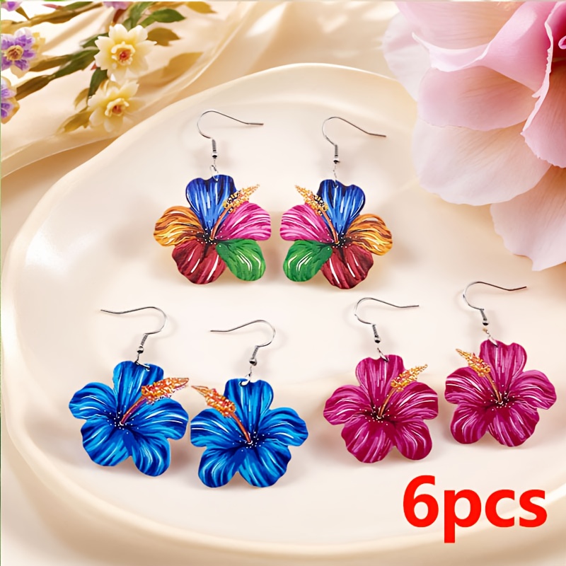 TEMU 2d Flat, 2d, 6pcs Elegant Colored Flower Bud Acrylic Earrings Set For Women, Suitable For Holiday Parties, Vacations, And Daily Wear, Easter,