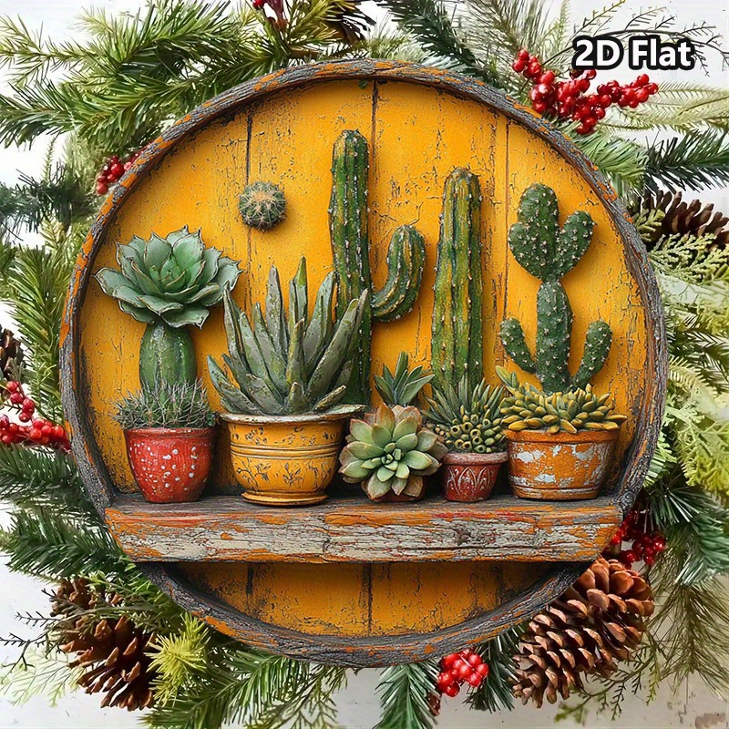 TEMU 2d Flat - 2d Plane, 1pc Of Vintage Cactus And Succulent Metal Wall Decor - Distressed Iron Farmhouse Style Decoration, Suitable For Gardens,