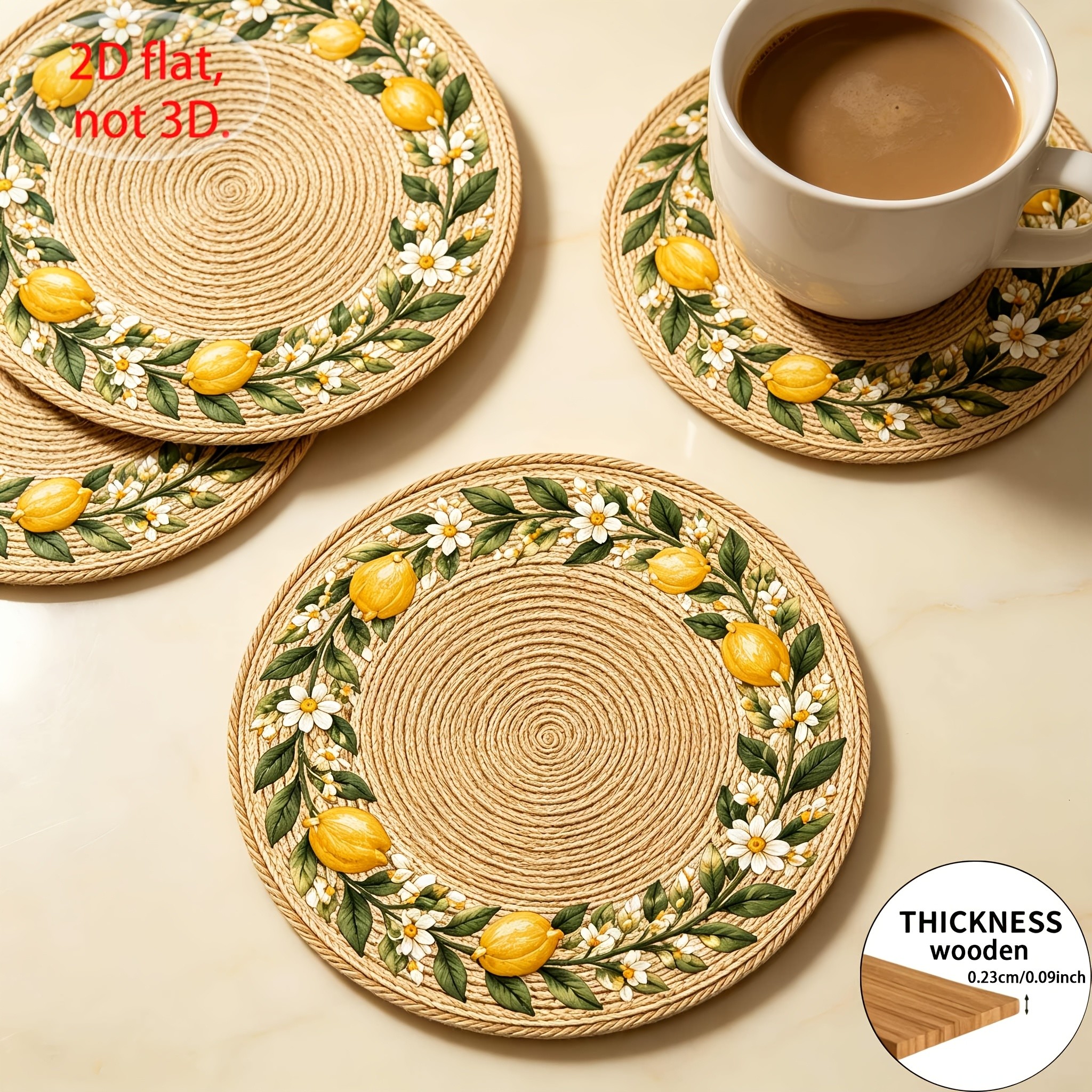 TEMU 4pcs 2d Flat Printed Wooden Placemats, Faux Rattan Woven Lemon Flower Round Pattern, Non-slip Heat-insulating Wooden Coasters, Vintage Pastoral