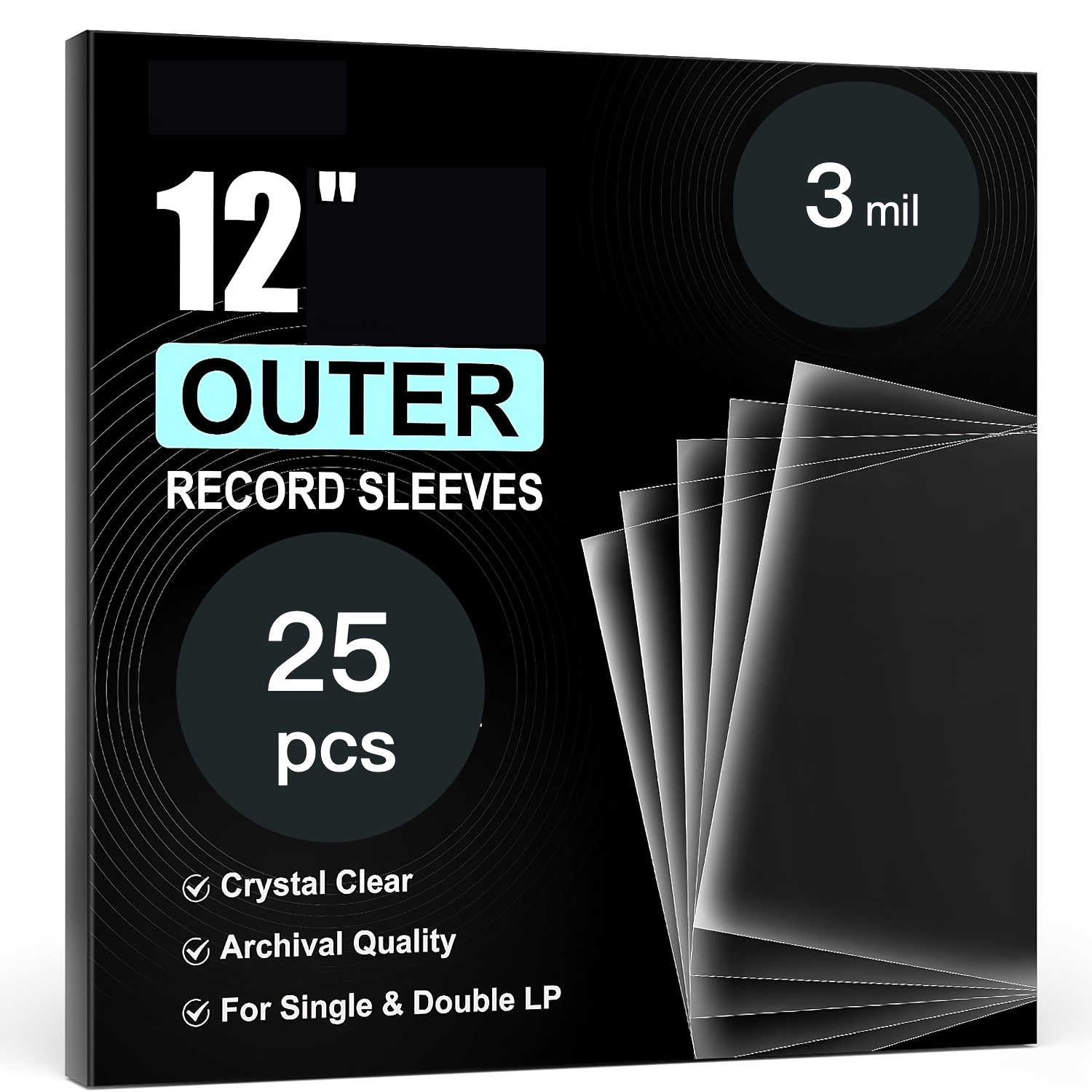 100 25pcs 12inch lp crystal black vinyl record sleeves album cover protectors 3 mil   grade 12 75 x12 75 perfectly fits single double vinyl records and fold over covers