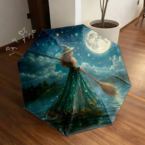 Artikelbild automatischer schirm mit - besen-motiv – mondbeschienener , 8-rippen-stabilgestell, faltbar, für alle jahreszeiten , geschenk für halloween, weihnachten, geburtstage feiertage, outdoor-zubehör, -zubehör, mondnacht-thema, robuste konstruktion