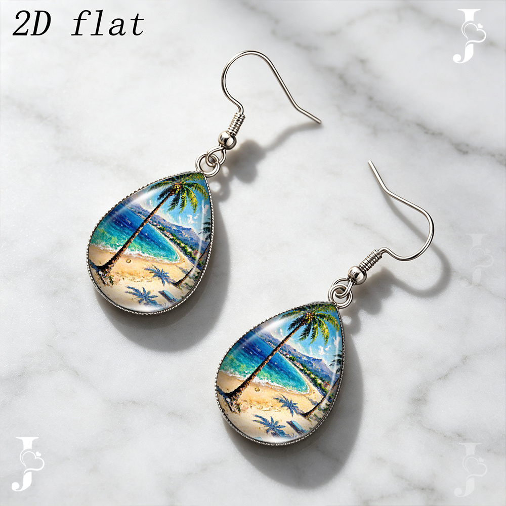 Teardrop Dangle Earrings with Beach Palm Tree Pattern