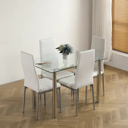 5pcs modern dining table chair set tempered glass table and pu leather chairs modern kitchen dining table set for kitchen small space apartment dining room living saving