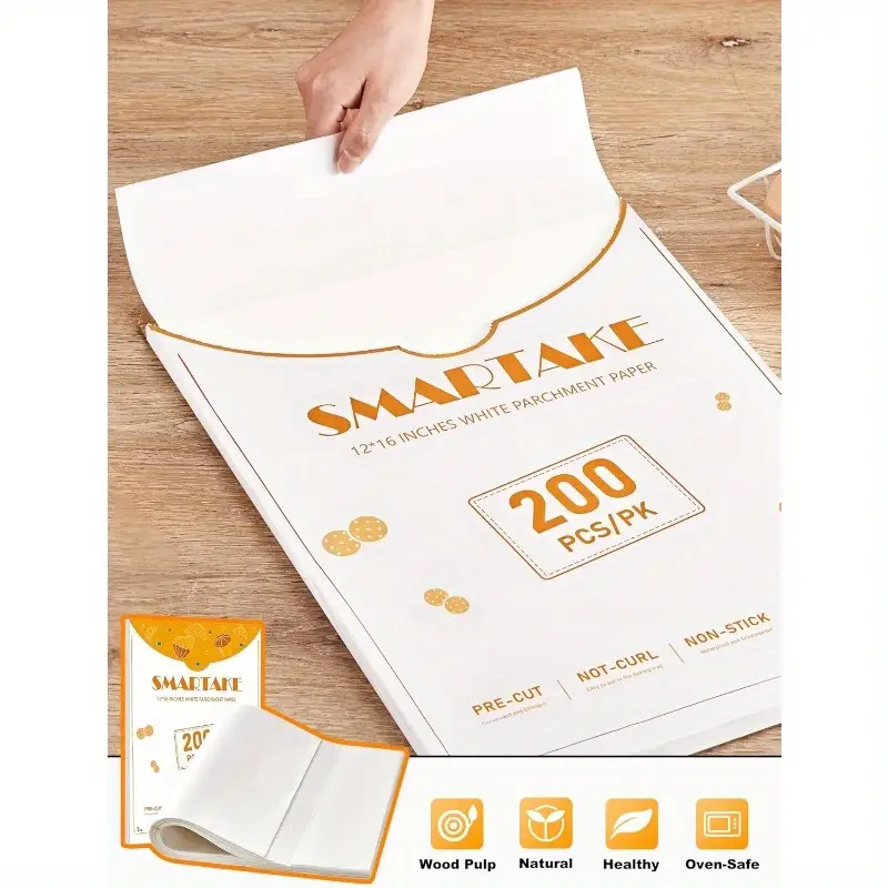 200 sheets parchment paper baking sheets - precut 12x16 inch large white baking paper with rounded edges, individually wrapped for oven, air fryer, grilling, steaming - 450° , pre-cut for , space-saving box (compatible with half-sheet pans) - natural wood , high quality & disposable for, bread, pizza, cupcakes - ideal for home & commercial kitchens, patterned baking paper, wax paper sheets for baking, grilling liner, material, Product details 2