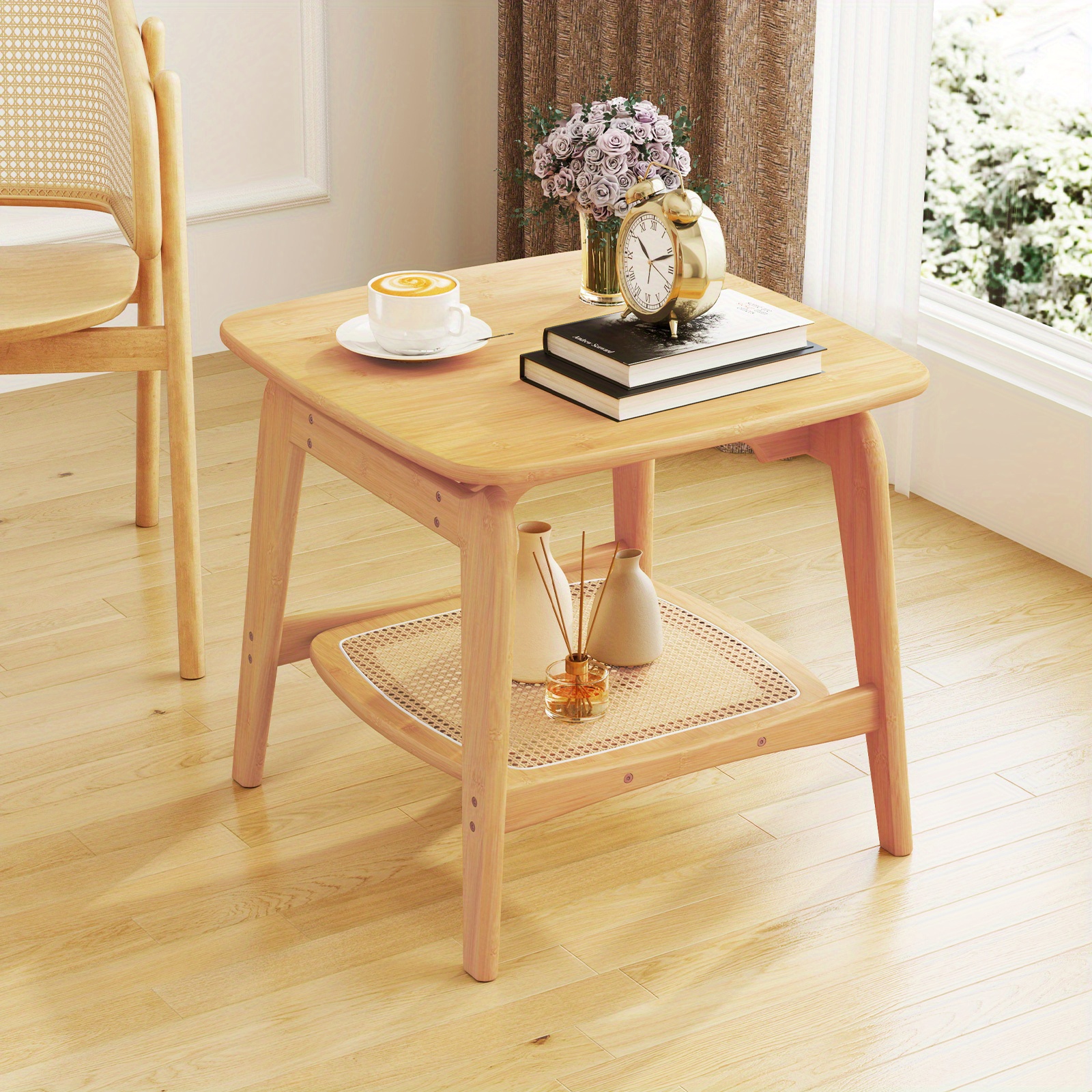 Table d'appoint avec espace de rangement en noyer - Table basse ronde à