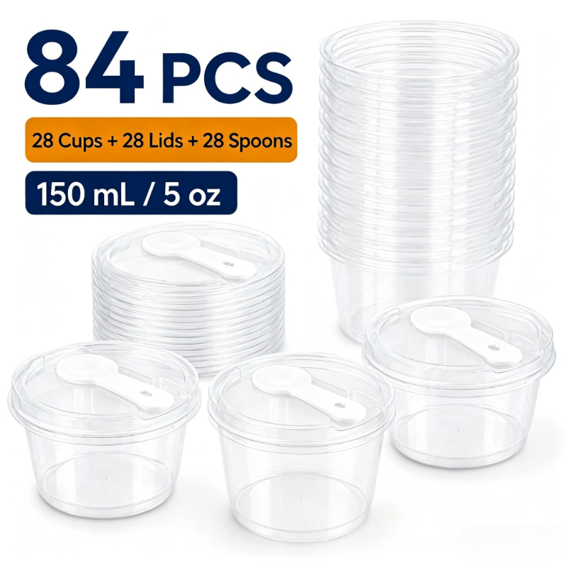 TEMU 84pcs Round Dessert Cups, 5 Ounces Each (includes 28pcs Cups And 28pcs Lids And 28pcs Spoons), Ideal For Halloween/christmas Parties. Suitable