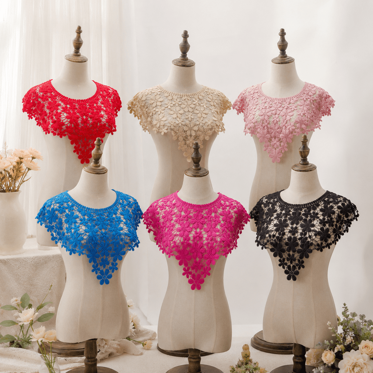 Floral Lace Shawl 6pcs Lightweight Breathable Elegant Design Suitable For Dresses And Formal Occasions Multiple Color Options Spring, Summer, Fall Wear Thin Crochet Craft Detail Classic Elegant Style