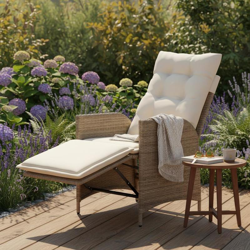 Image of Outdoor Lounge Chair With Adjustable Reclining Mechanism & Foot Rest - Beige Poly Rattan Suitable For Garden,, Balcony Seating, Wood Frame, Space-saving, Comfortable Recliner For, Compact Furniture