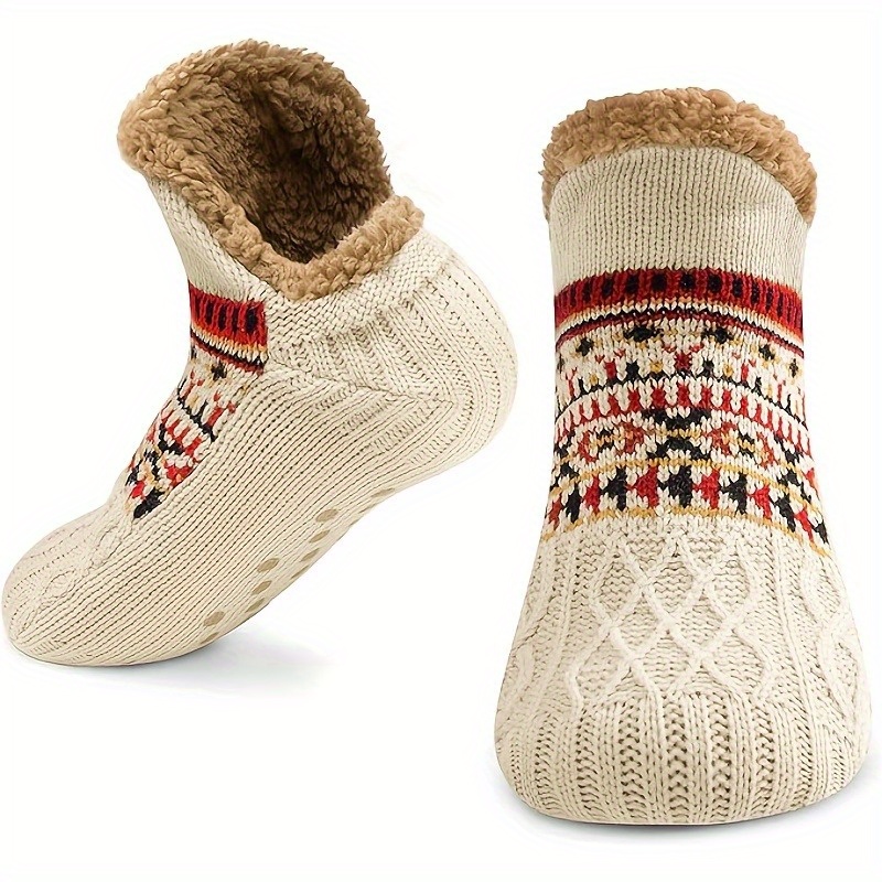 TEMU 1 paar comfortabele en zachte gebreide herensokken - warm en antislip, gestreepte winter pantoffel sokken, warme sokken, gebreide antislip