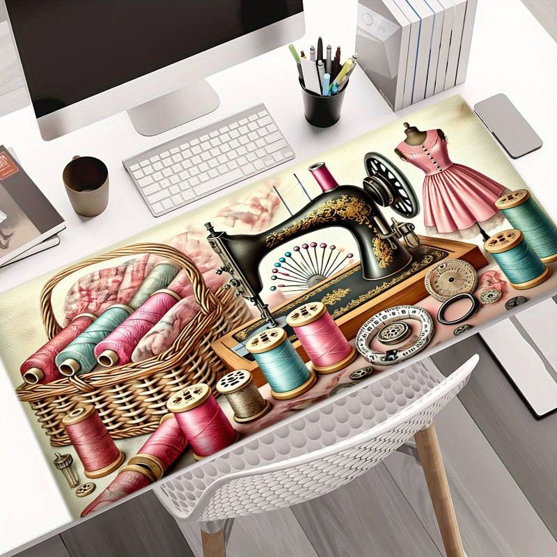 TEMU 2d Flat Vintage Sewing Themed Desk Mat - Decorative Mouse Pad With Black Sewing Machine, Colorful Spools, And Sewing Accessories For Creative -