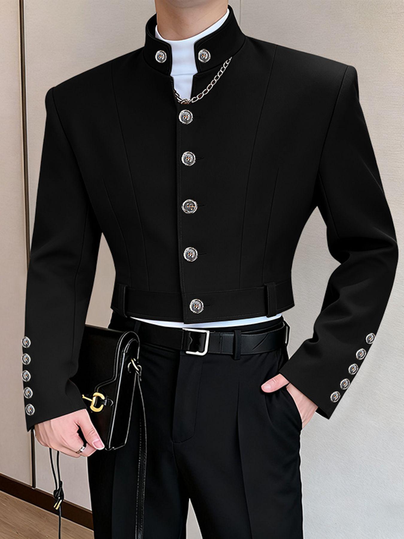 item picture men classic     colalr long sleeve single breasted loose thin formal work business crop  