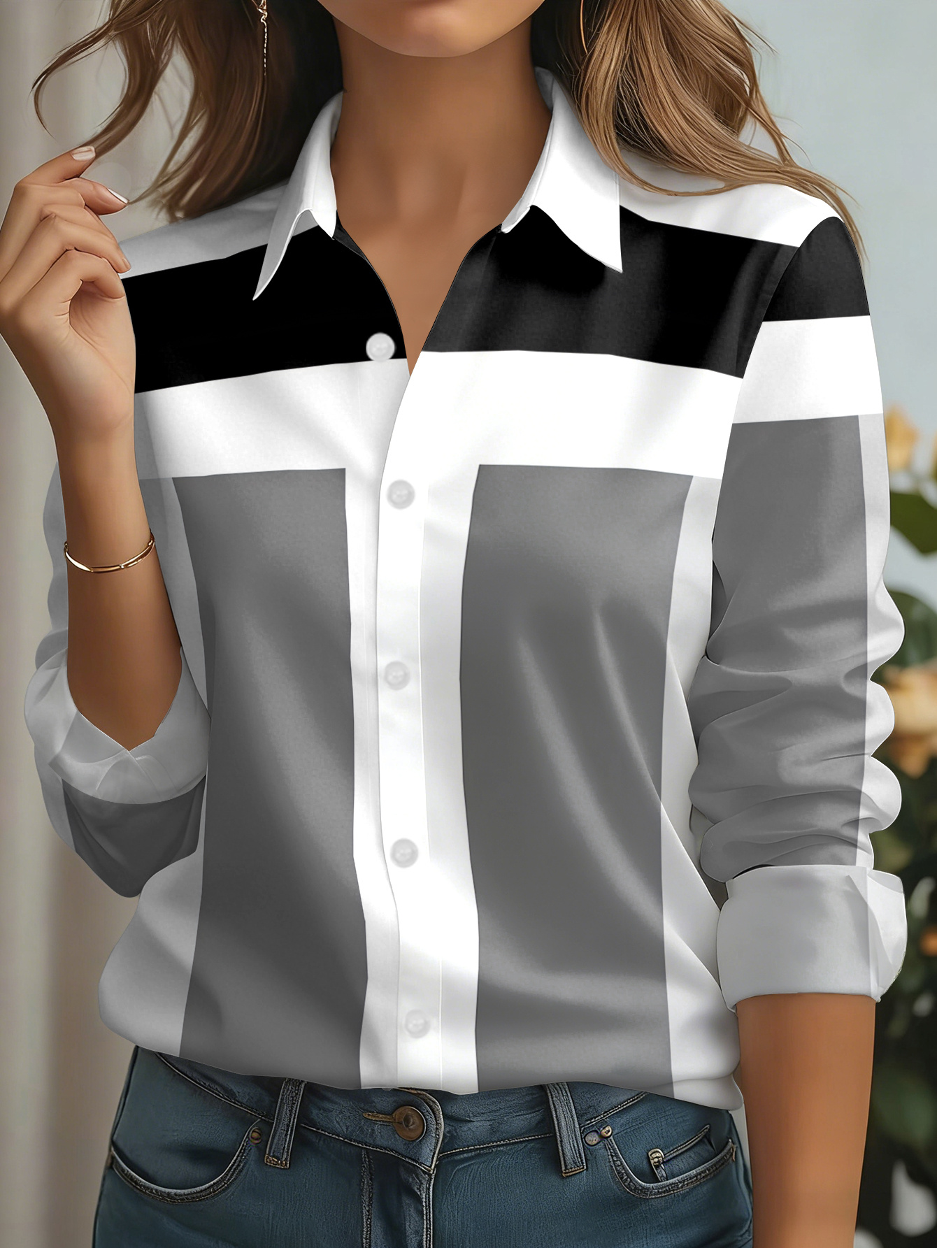 item picture new womens long sleeve shirt black white gray striped easy pattern   versatile casual   washable button print shirt