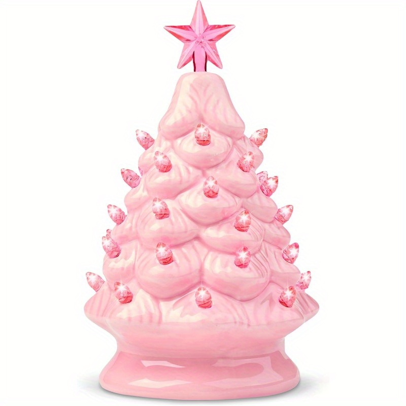 TEMU Syncfun 7" Pink Ceramic Christmas Tree, A Small Tabletop Decoration Featuring A And Colorful Bulbs, Perfect For Holiday Decor And As A Desk Ornament