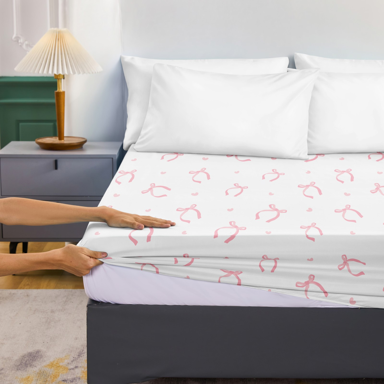 Jit1pc 85g2 Chemical Fiber Polyester Pink Heart Bow Single Bed Cover, Soft, Comfortable, For Bedding, In Sizes