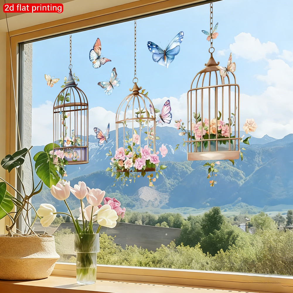 E-shop 3 Stk. Lustiger Blumen-Vogelkäfig und Schmetterling-Muster Fliesen Aufkleber Glas Aufkleber Dekoration, Geeignet für Wände, Fenster, Glas,