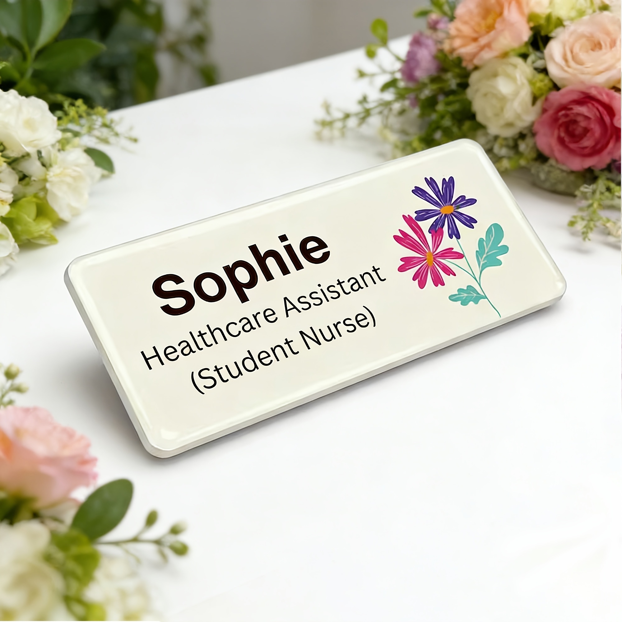 TEMU 1pc 2d Flat Personalized Badge, With Flowers, Custom Name And Title Tag, Floral Lapel Pin With Safety Pin