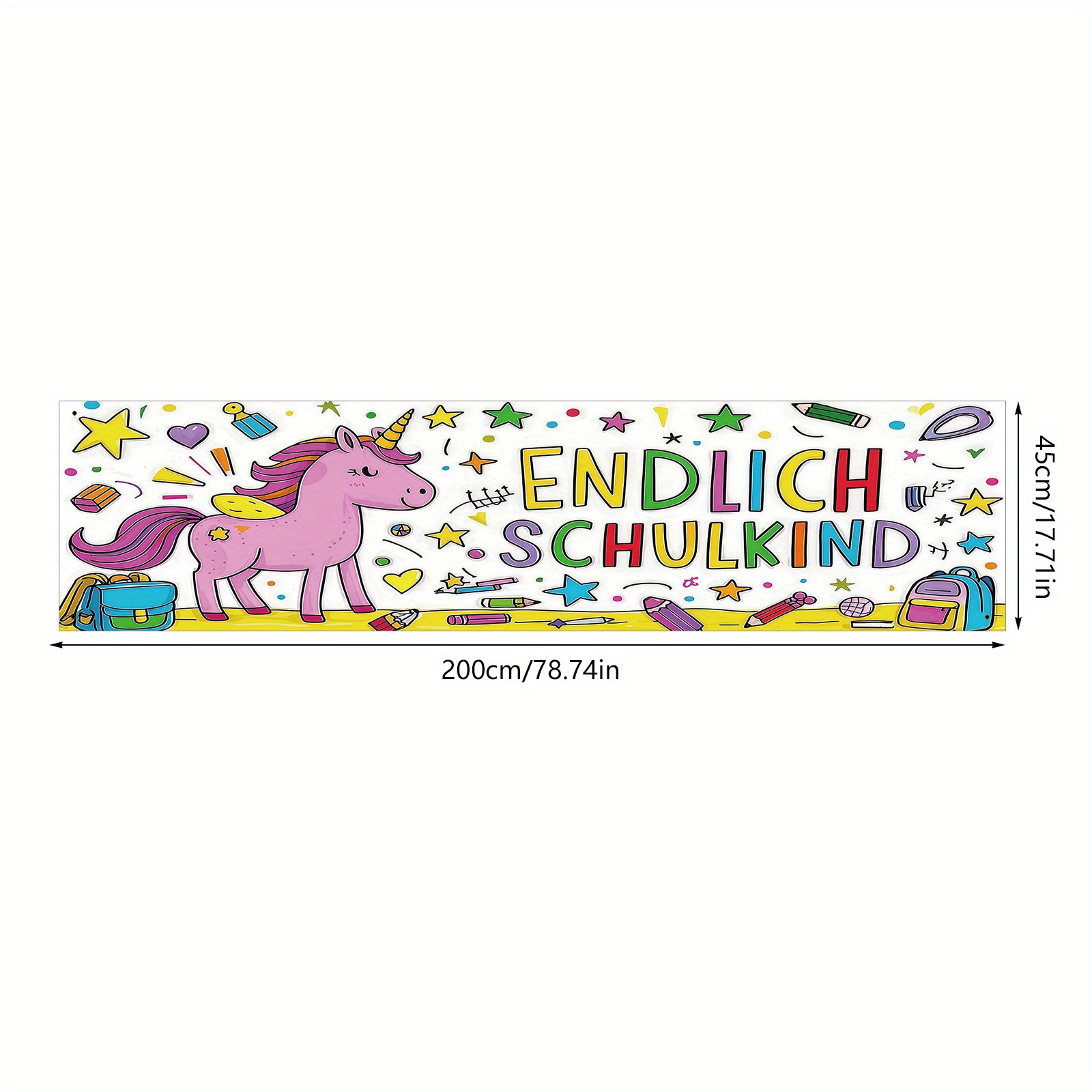 E-shop 2D Flachbanner, 1 Stück (17x78 Zoll/45x200 cm), Polyester-Material, „Willkommen zur Schule“-Banner mit rosa Einhorn, Sternen, Herzen und