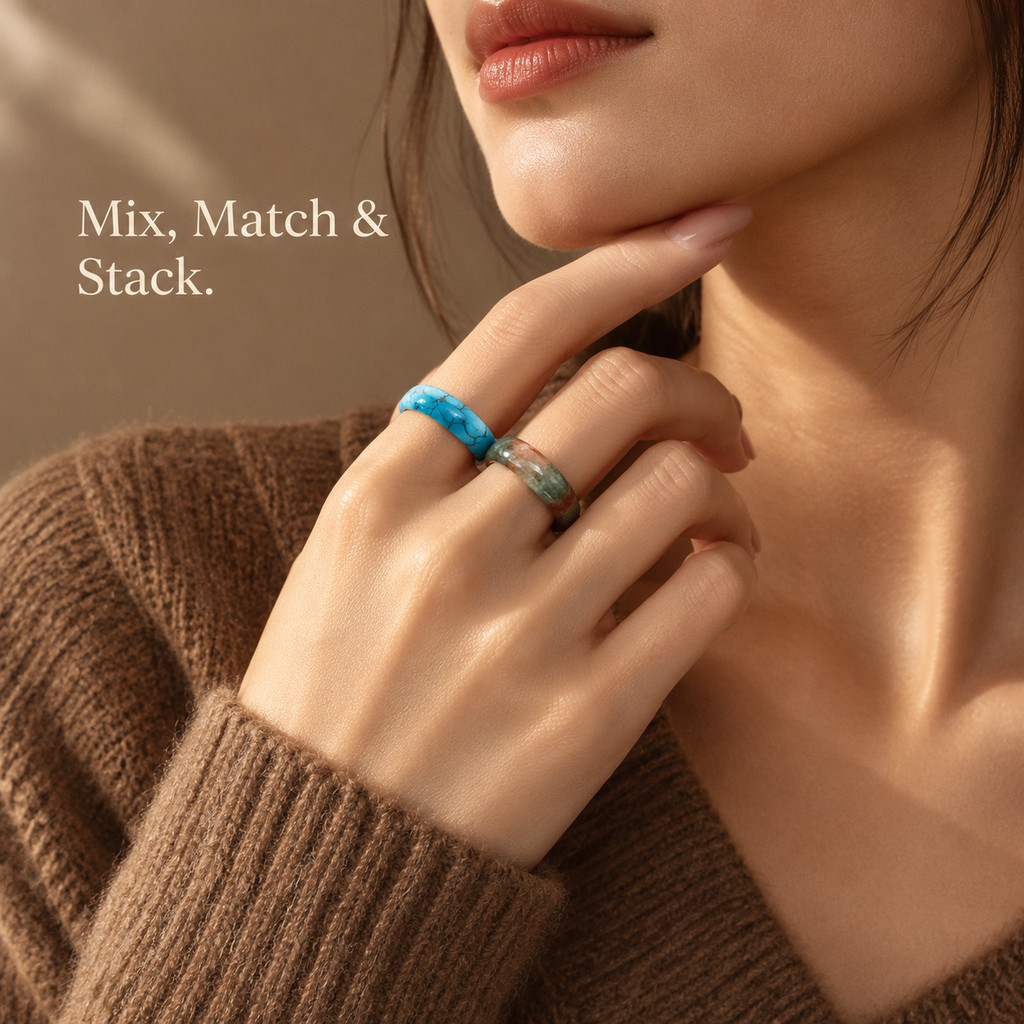 2pcs Bohemian Multi-Color Agate & Turquoise Ring Set