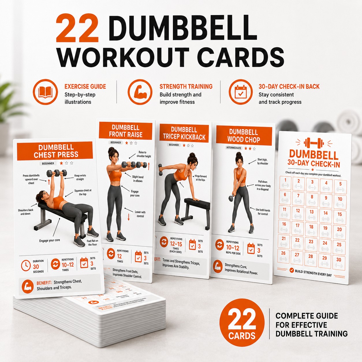 TEMU 22pcs Dumbbell Workout Cards Suitable For Home Gym Strength Training - Exercise Guide With Form Cues & 30-day Progress , Fitness Routine Planner