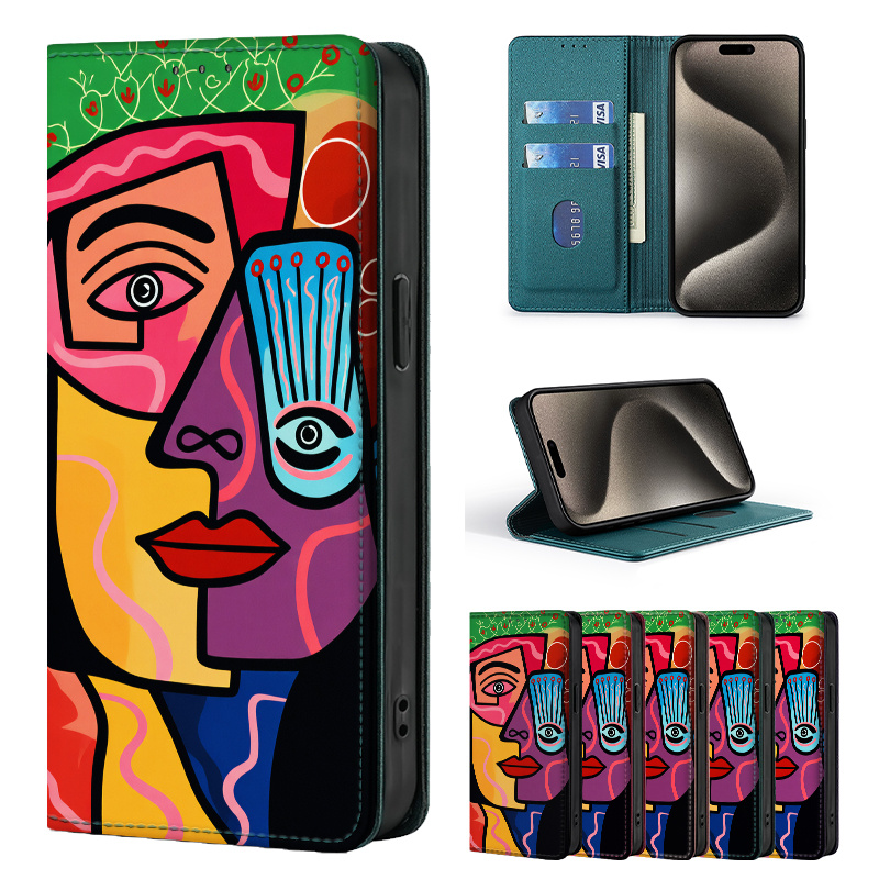 TEMU Phone Case - Colorful Painted Double-fold Edge, Faux Leather Flip Cover Creative Phone Case With Card Slot Anti-theft Stand Wallet, For Iphone