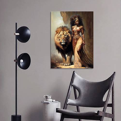 ya mnyama african goddess of animals canvas art print traditional african fantasy wall decor with lion woman in cultural attire vibrant bohemian home decor wrapped canvas on wood frame perfect gift for art lovers cultural home decor bohemian style decor vibrant canvas art 2d flat room decor