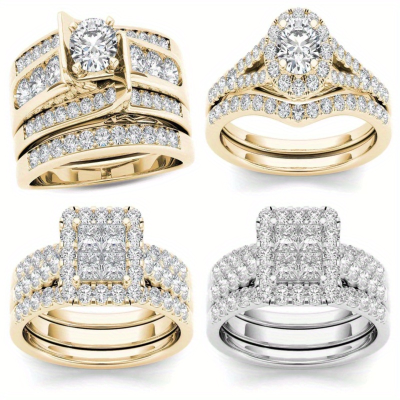 

Elegant 4pcs Couple's Ring Set With Sparkling Zirconia - Golden Alloy, Anniversary & Engagement Gifts