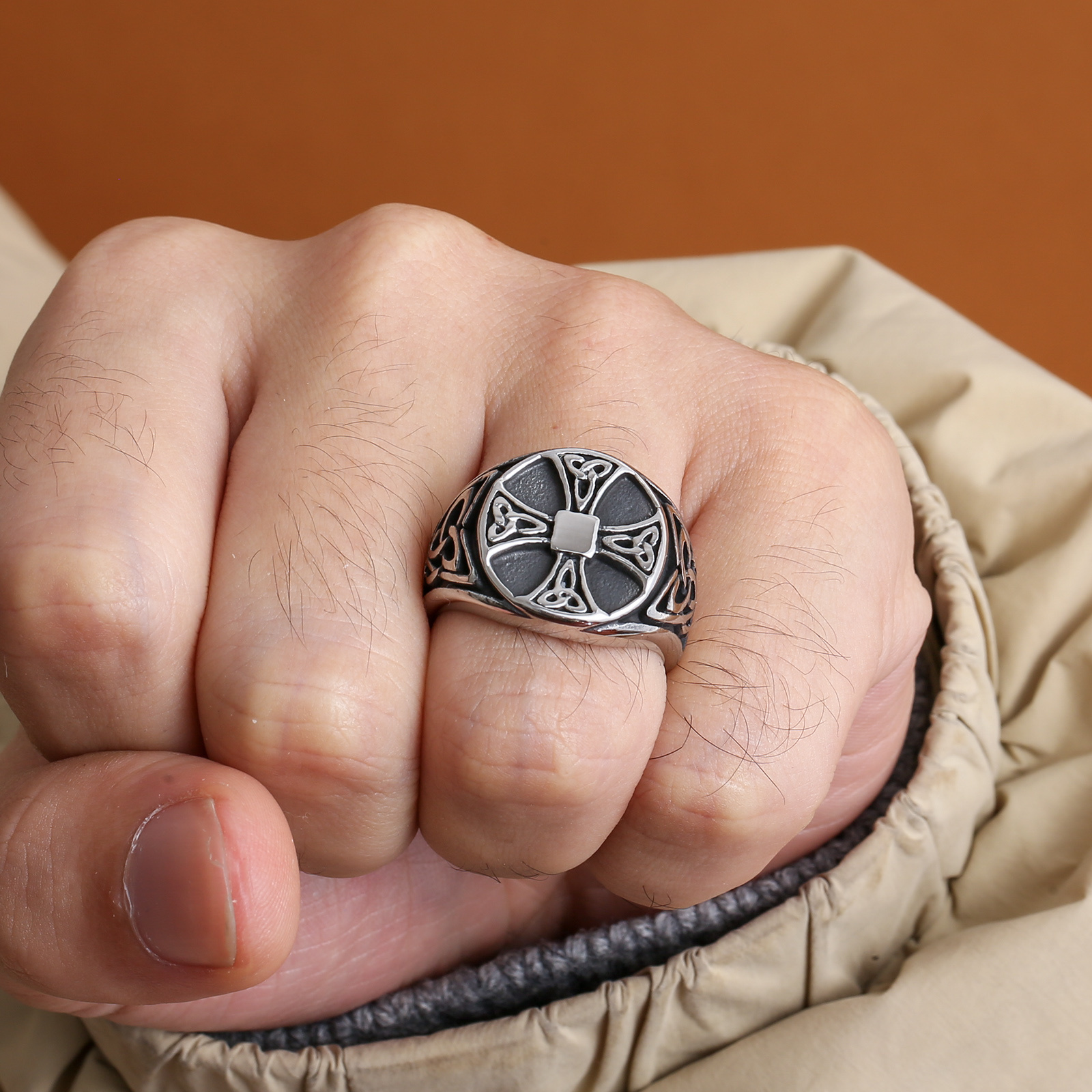 Image of Men' S Ring Vintage Pattern Cross Totem Ring Cross + Celtic Knot Pattern Element Dark Retro Style 316l Stainless Steel Hypoallergenic Jewelry