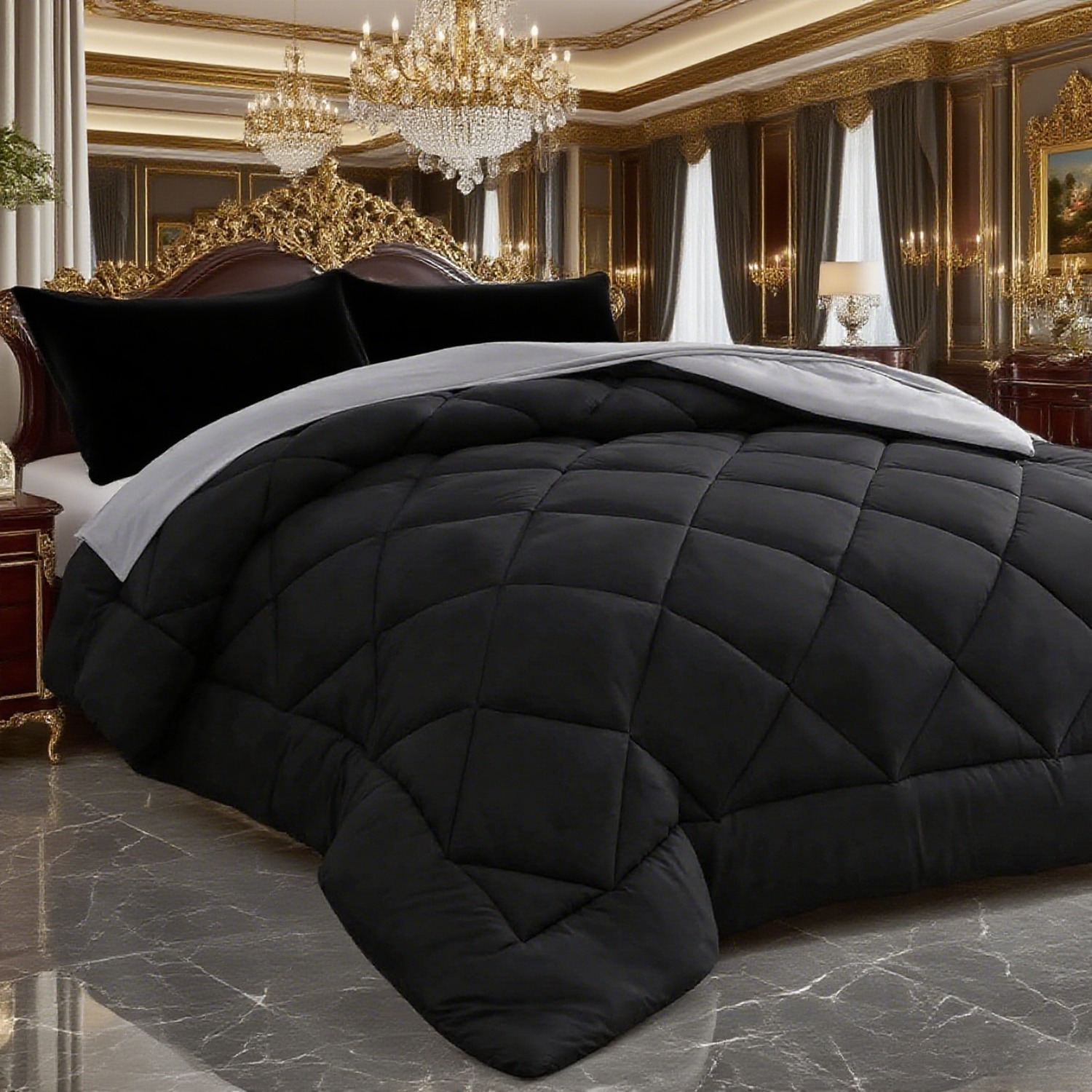 TEMU 2/ 3pcs Lightweight Full Comforter Set - Quilted Down Alternative Comforter/ Duvet Insert For All Season - Black/ Grey