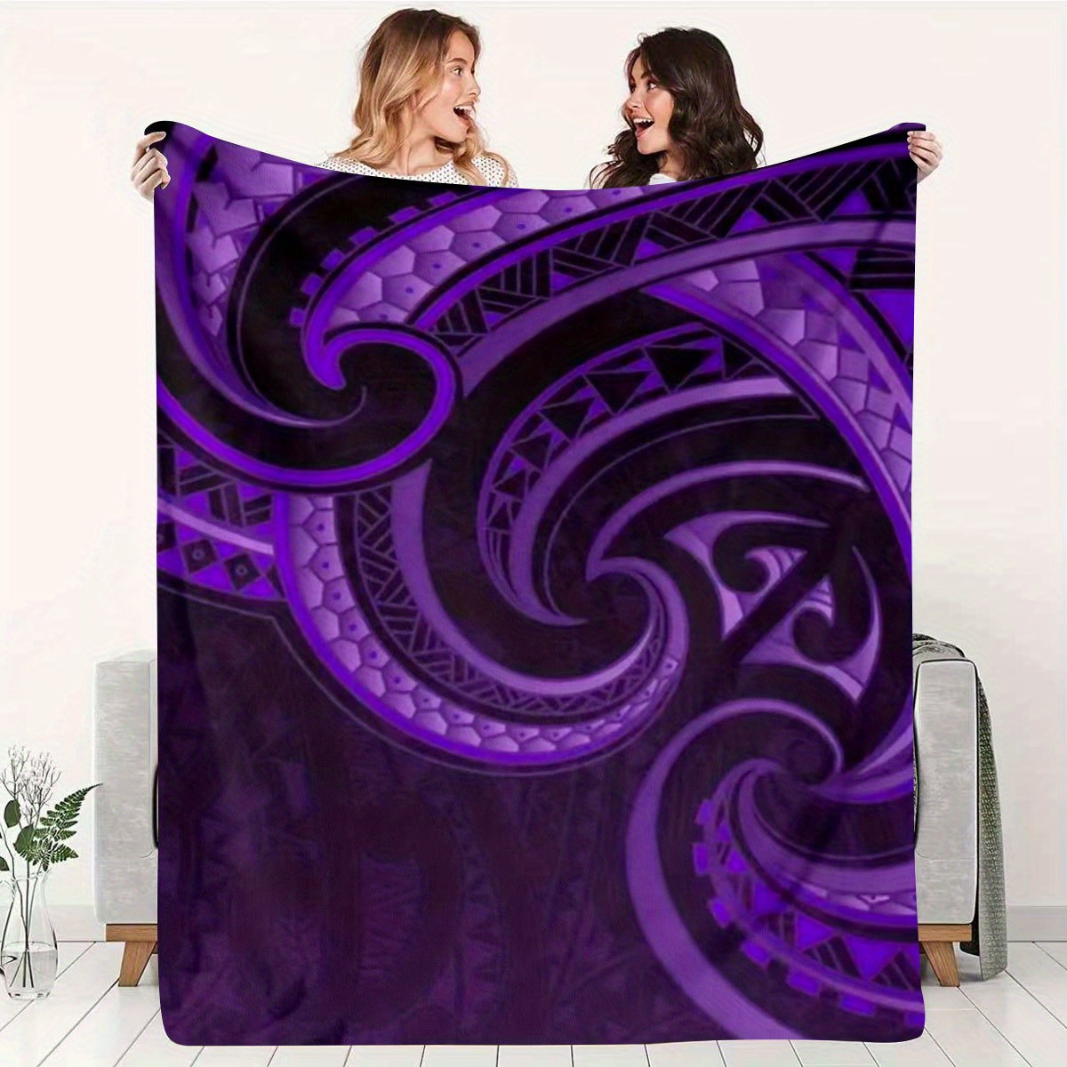 TEMU New Zealand Maori Tribal Flannel Blanket - Deep Purple And Design, Soft Bedding For Camping, Sofa, Car, And Home Decor - Ideal Gift For