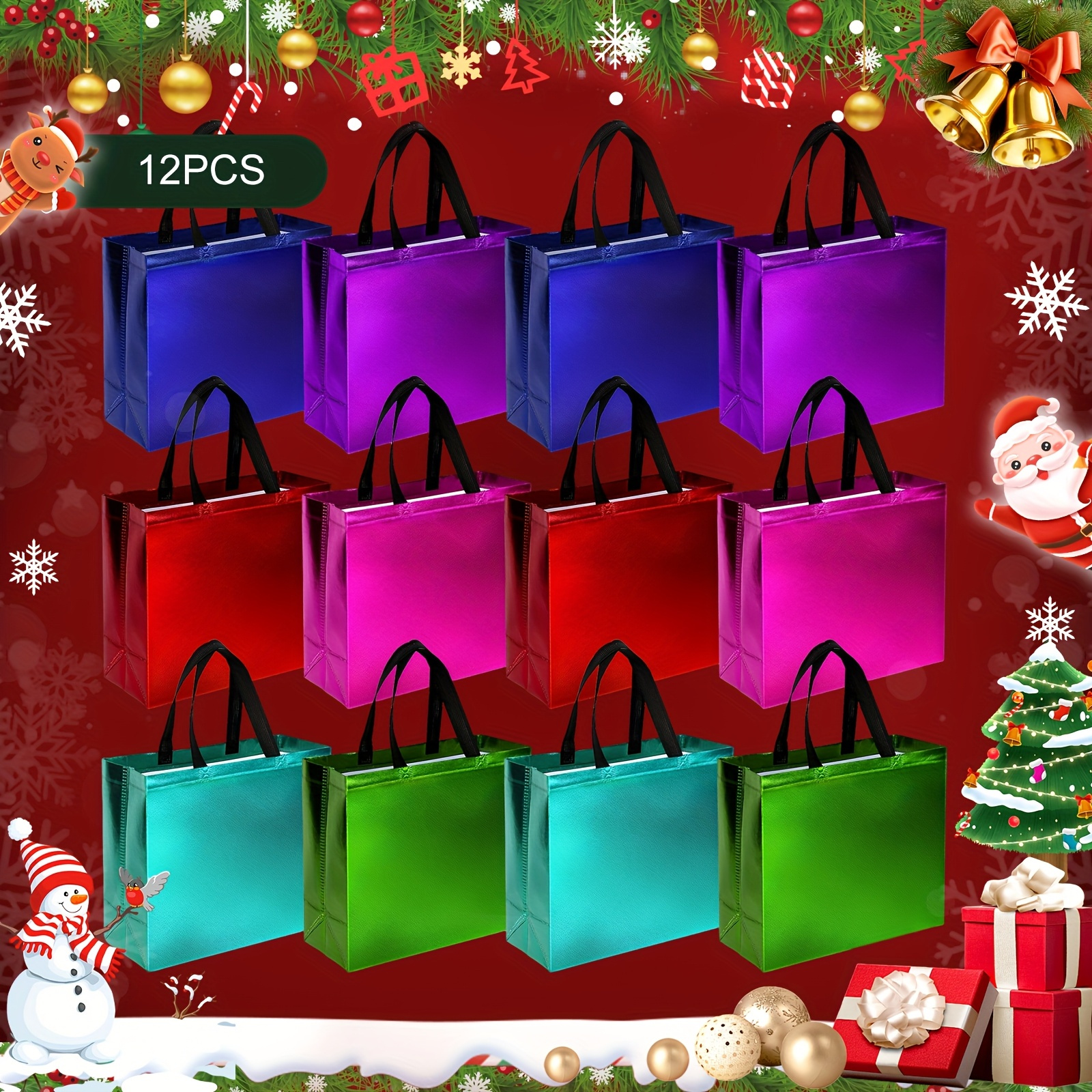 

12pcs Shiny Reusable Gift Bags - Glossy , Mixed Colors (pink, Red, Purple, Blue, Green, Black) With Black Handles, Birthdays, Parties, And Holiday Favors, Small Gift Bags