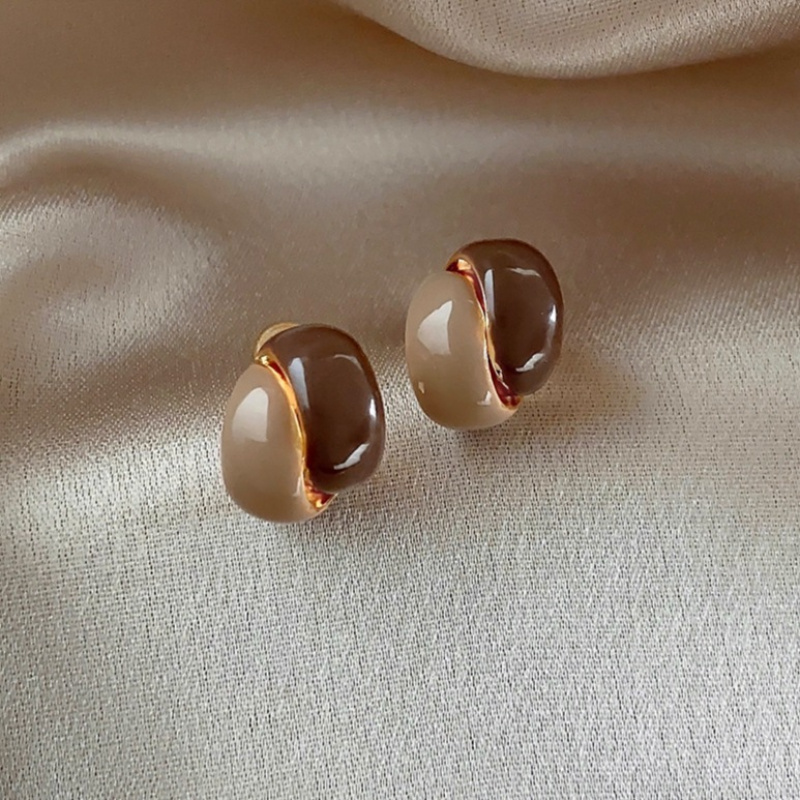 Image of A Pair Of Vintage Enamel Earrings - Golden Plated With Brown Contrast, , Daily Jewelry, Unique Aesthetic Elegant Accessory