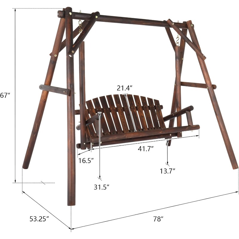 [Heavy Duty Swing] Bonnlo Heavy Duty 880 LBS Wooden Patio Porch Swing with A-Frame Stand, Hanging Swing Bench Chair with Frame for Outside, Yard, Garden (Rustic Sequoia Dusk/Natural)