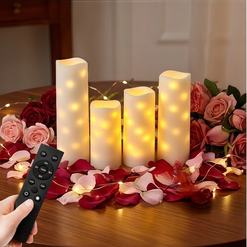 Light Luxury Flameless Candle Set: Features Built-in Decorative Fairy Lights, Includes A Black Remote Control, And Comprises 4 Acrylic Led Pillar Candles-battery-operated (batteries Not Included).