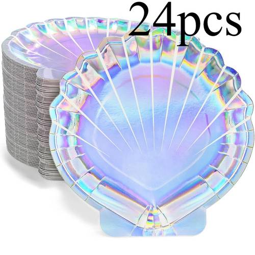 24pcs mermaid paper plates 7 inch seashell plates for party shell shaped iridescent containers for holographic party supplies for birthday baby shower decor