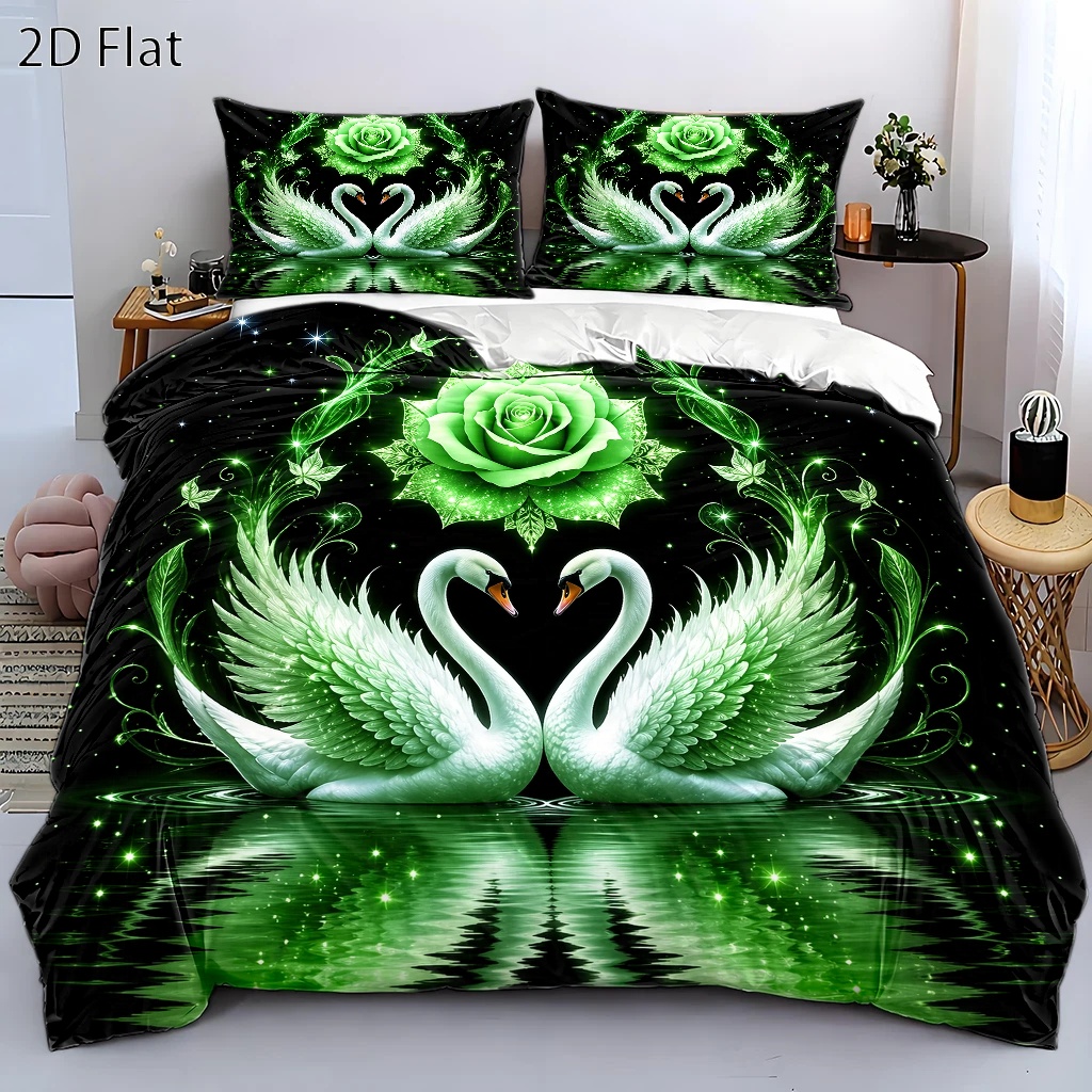 TEMU 3pcs Luminous Green Rose Swan Duvet Cover Set, Bedding 3pcs Set (1*duvet Cover   2*pillowcases), Suitable For , Machine Washable, Double Bed