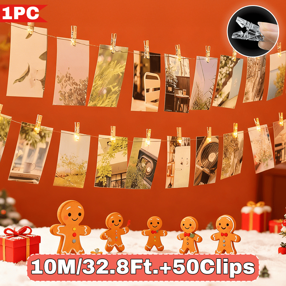 TEMU ., Intelligente LED-Fotoklemmen-Lichterkette, 100/50 LEDs, USB-betrieben, warmweiße Lichterkette, mit 50/25 transparenten Klemmen, geeignet für