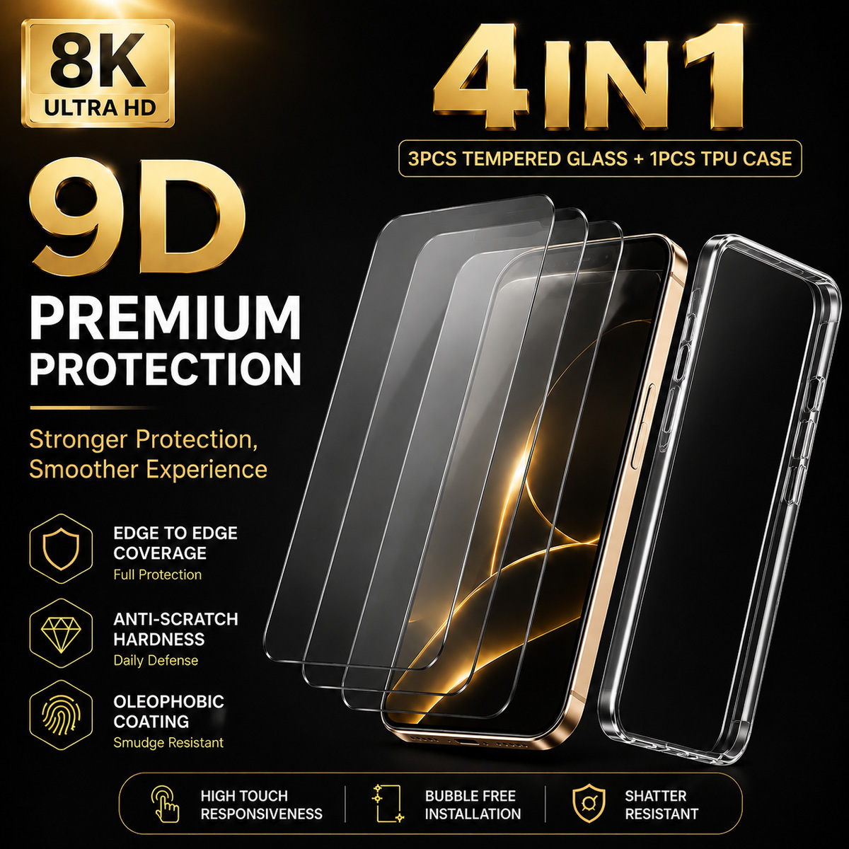 TEMU [3pcs High-definition Tempered Glass Screen Protectors And 1pc Tpu Case] 3-pack 9d Full Coverage Premium Tempered Glass And 1pc Easy Large-hole