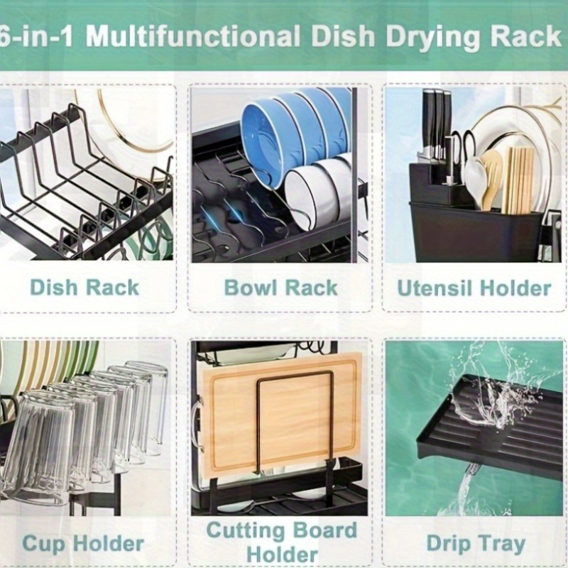 space saving foldable dish drying rack adjustable 2 tier kitchen organizer with hooks cup holder drain tray compact countertop or cabinet storage heavy duty   construction dishwasher safe black white options duallayer organizer sleek kitchenware durable metal frame small kitchens details 2