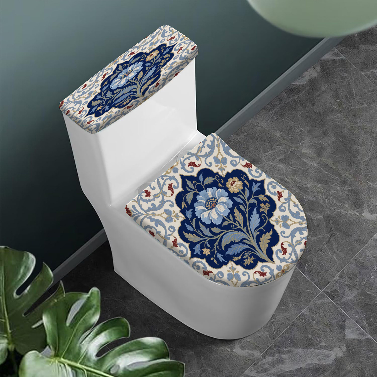 2pcs rice white floral pattern toilet lid cover