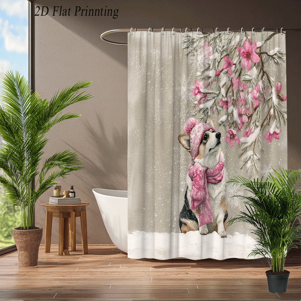item picture 1pc winter corgi dog shower curtain cute corgi in pink hat with flowers snowflakes bath curtain suitable for bathtub washable care year round bathroom decor with 12 hooks 70 8x70 8 inch 2d flat