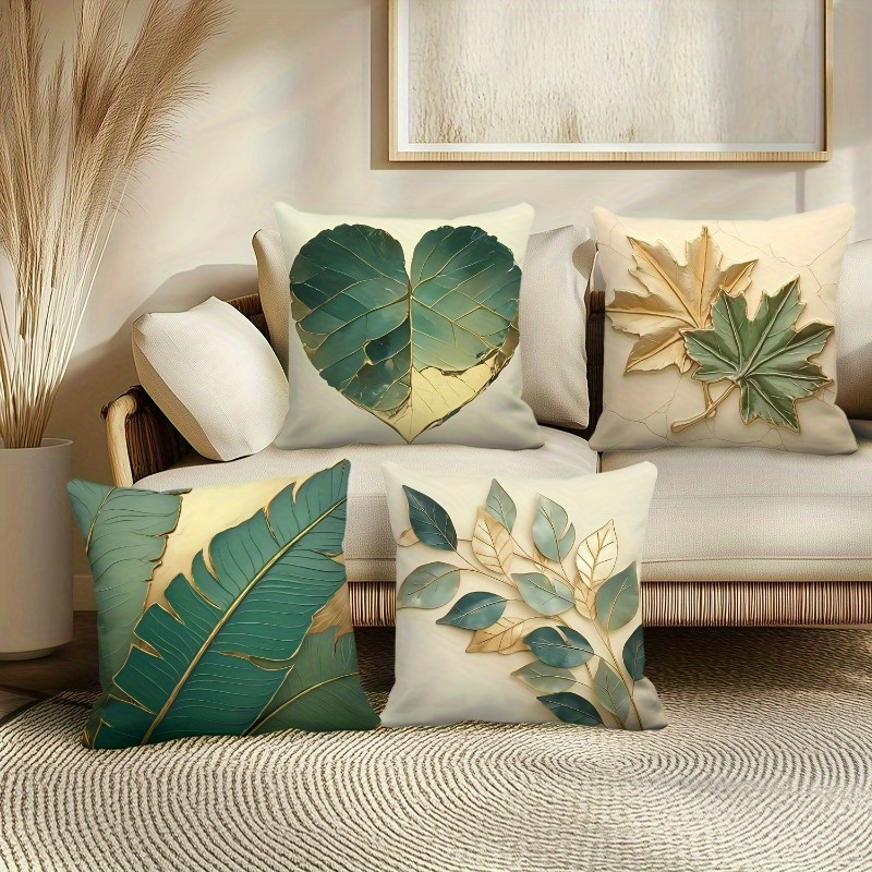 

4pcs Leaf Pattern Throw Pillow Covers, Asian Style Woven Polyester Decorative Cushion Cases For Sofa, Couch, Bedroom, Zipper Closure, Fabric, Machine Washable, Fits 40x40cm Inserts