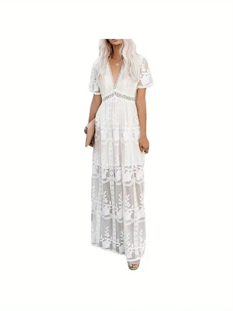 elegant white lace v neck maxi dress women long sleeve - Temu elegant white lace v neck maxi dress women long sleeve - Temu