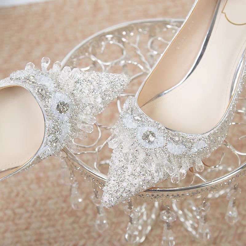 chinese dress ladies Women's Wedding Shoes Decorative Heel Wedding Heels Bridal Shoes With  Beading WS0012