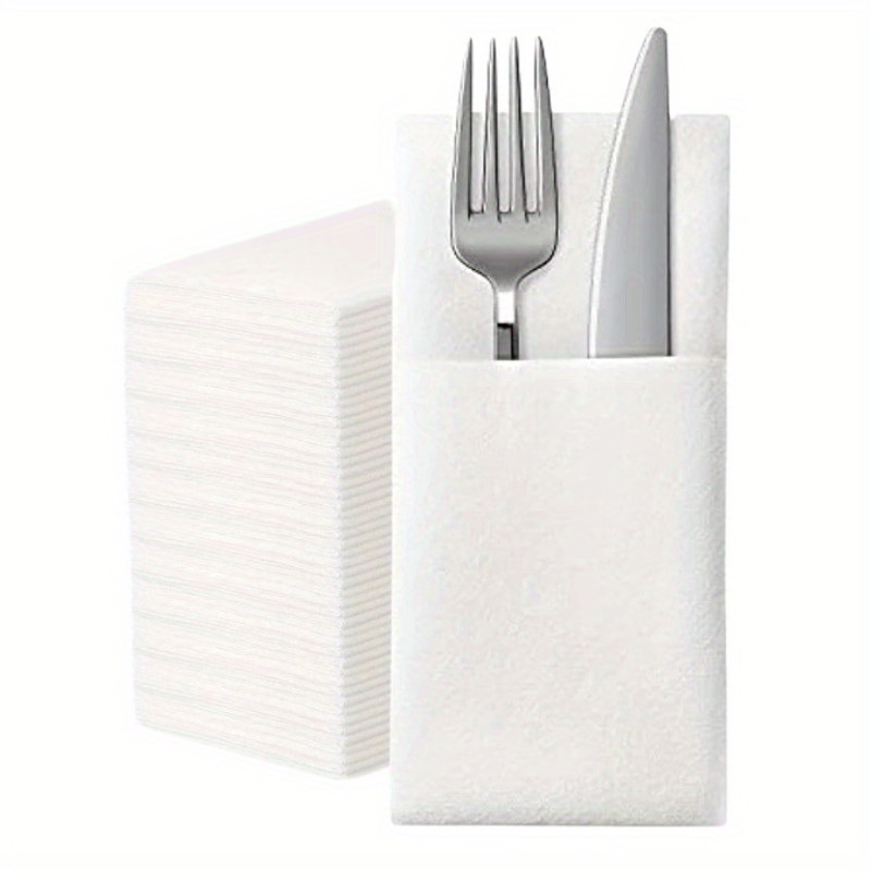 Image of 50pcs Disposable Dinner Napkins With Built-in Flatware Pocket, White Prefolded Cloth- Napkins For Dinner, Wedding Or Party