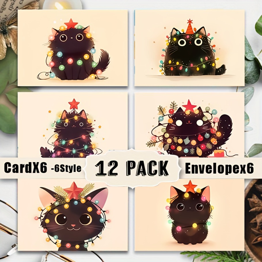 TEMU 6pcs Cute Black Cats In Christmas Attire Greeting Cards With Envelope, 6pcs Unique Black Cat Christmas Ornament Designs, Ideal For Sending