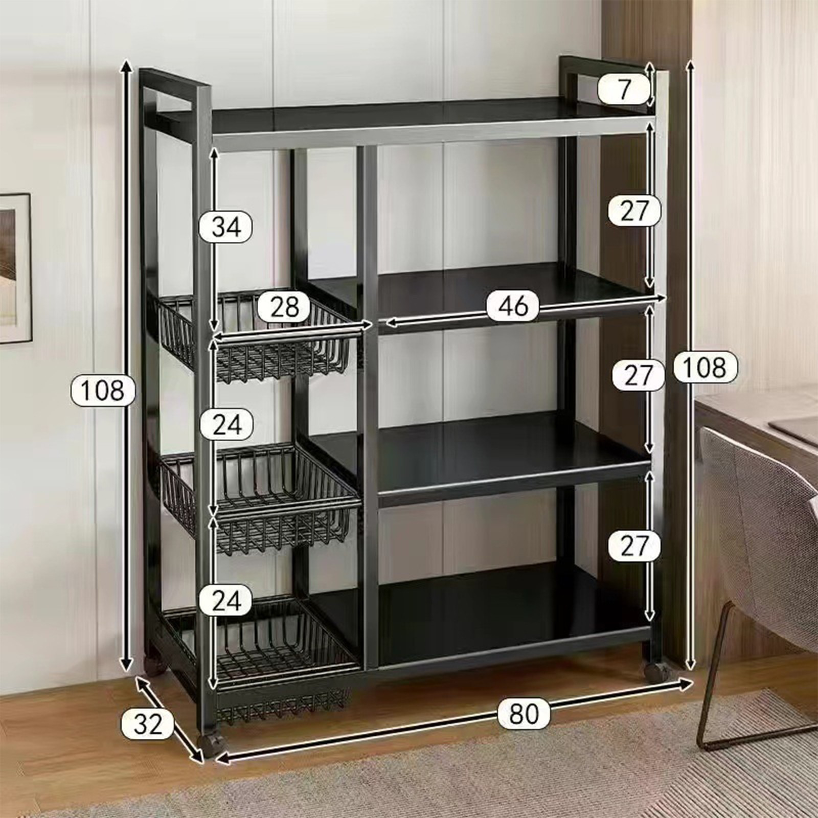 TEMU 4 Tiers 3 Baskets Removable Basket Kitchen Shelf - Adjustable Height, , Sturdy Material