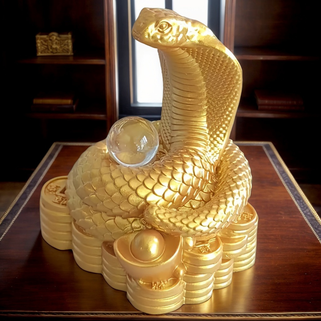 

Golden Snake Zodiac Statue With - Handcrafted Resin, Ideal For Indoor/outdoor Decor In Living Room, Bookshelf, Or Entryway - Perfect Gift For Home Or Wedding